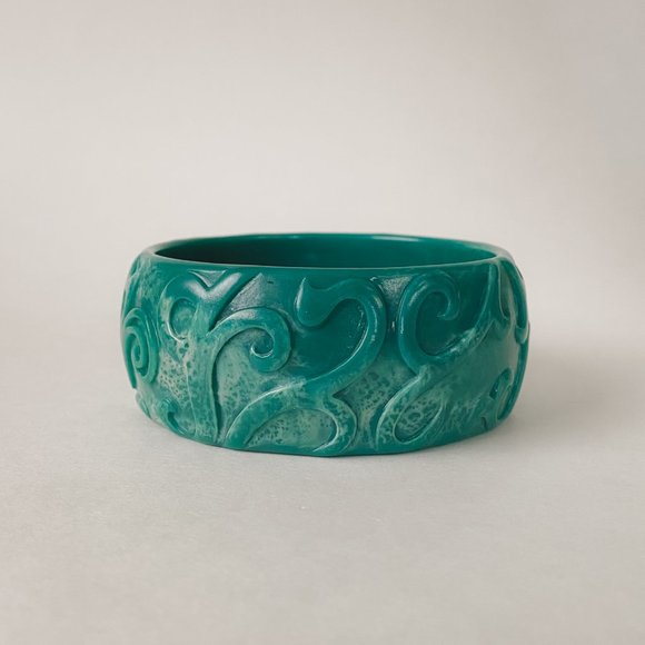 Unbranded Jewelry - Vintage Acrylic Chunky Teal Green Faux Marble Art Nouveau Wide Bangle Bracelet